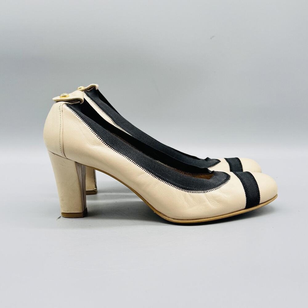 Stuart Weitzman Shoes Womens 9 Ivory Black Leather Easily Round Toe Pumps Heels